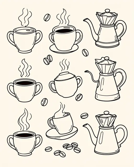 Monoline doodle illustration of steaming coffee mugs, beans, and pour-over kettles on an off-white background