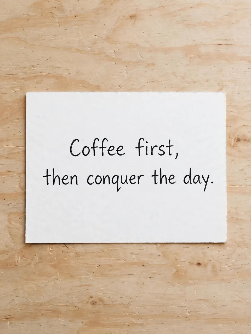 White index card with handwritten quote "Coffee first, then conquer the day." resting on a light wooden desk