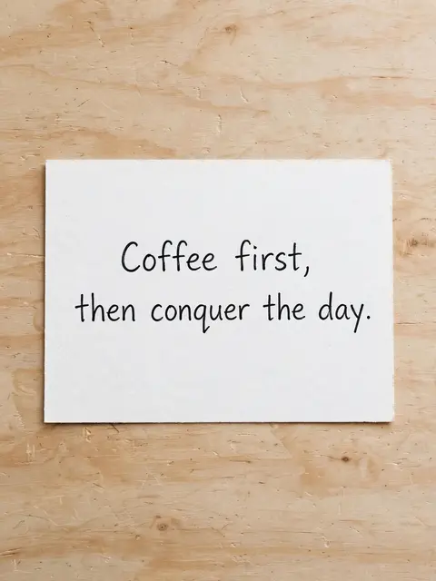 White index card with handwritten quote "Coffee first, then conquer the day." resting on a light wooden desk