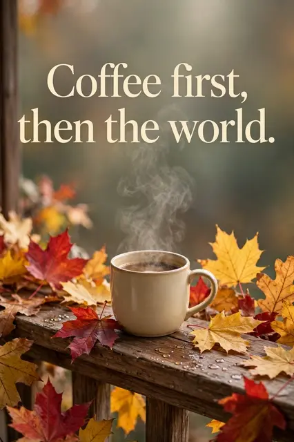 "Coffee first, then the world." text over a steaming coffee mug resting on a wooden porch rail with scattered autumn maple