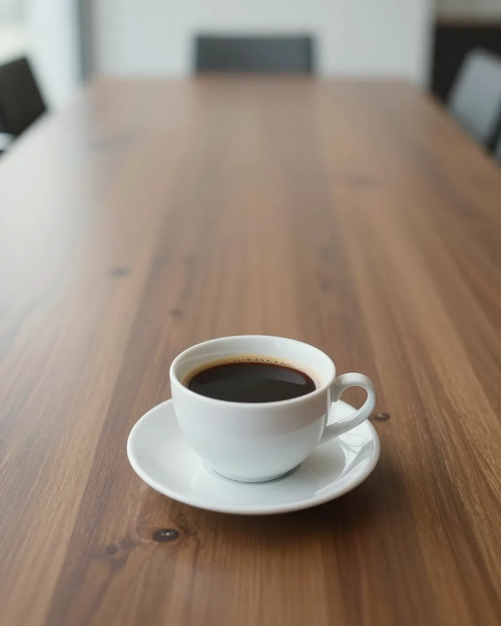 A white cup of black coffee on a saucer sits on an empty walnut conference table with soft window lighting.