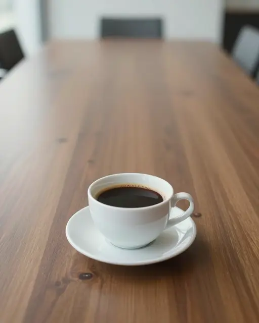 A white cup of black coffee on a saucer sits on an empty walnut conference table with soft window lighting.