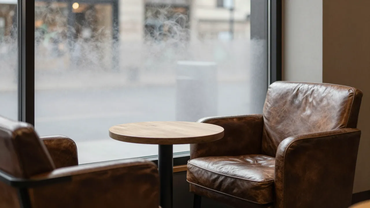 Worn brown leather armchairs and a small round wooden table sit beside a fogged coffee shop window