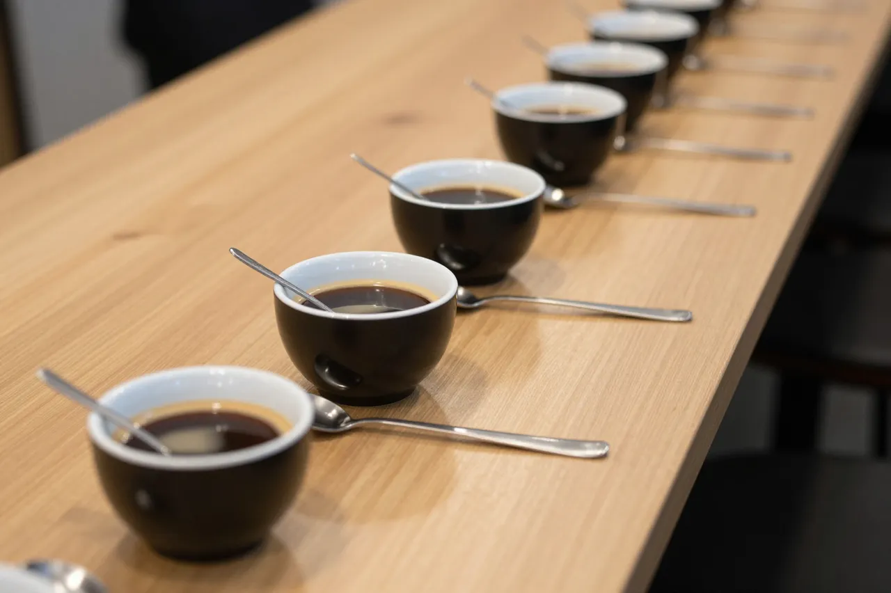 A neat row of coffee bowls with spoons arranged along a light wooden table for a tasting session.