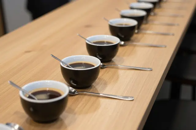A neat row of coffee bowls with spoons arranged along a light wooden table for a tasting session.