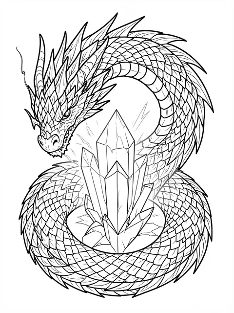 Black and white line art of an intricate scaled dragon coiled around a cluster of sharp crystals on a plain white background.