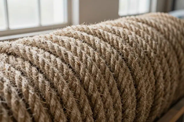 Thick natural hemp rope coiled in tight stacked loops beside sunlit workshop windows