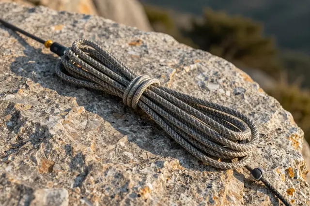 A neatly coiled gray cord rests on a rough granite rock lit by warm golden hour light