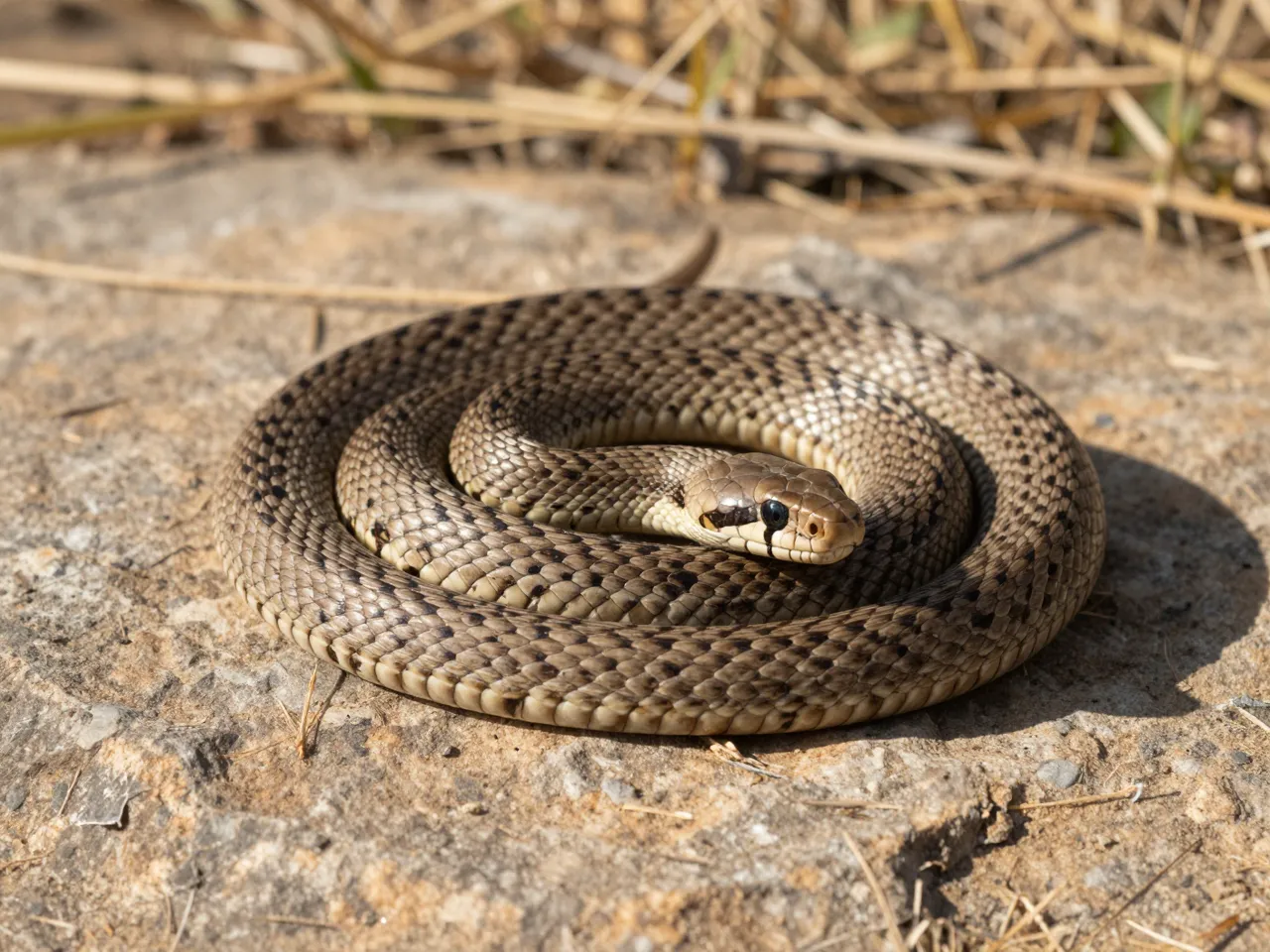 Tan blotched snake coiled on a warm flat rock with dry grass in bright afternoon light