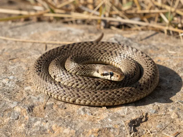 Tan blotched snake coiled on a warm flat rock with dry grass in bright afternoon light
