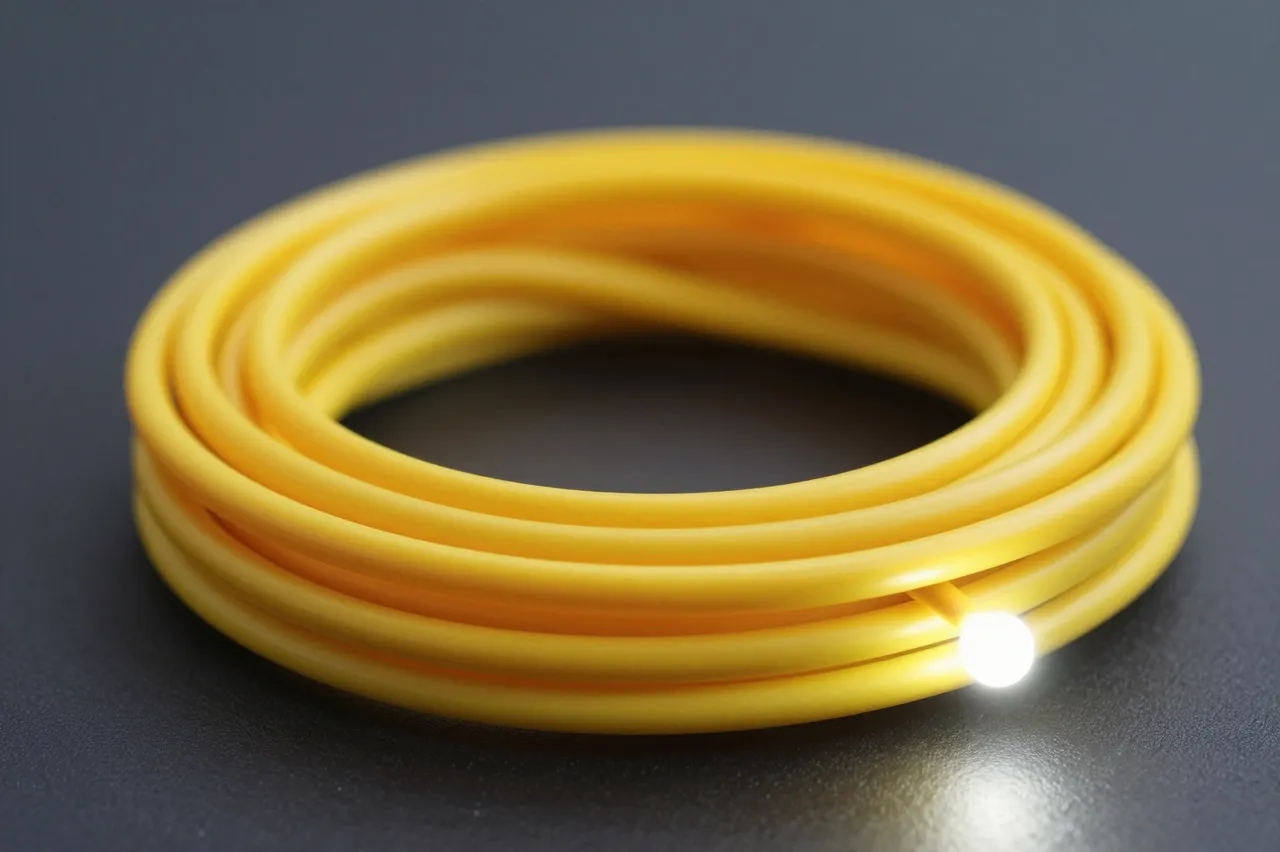 A neatly coiled yellow fiber optic cable rests on a dark smooth surface with one tip glowing bright white.