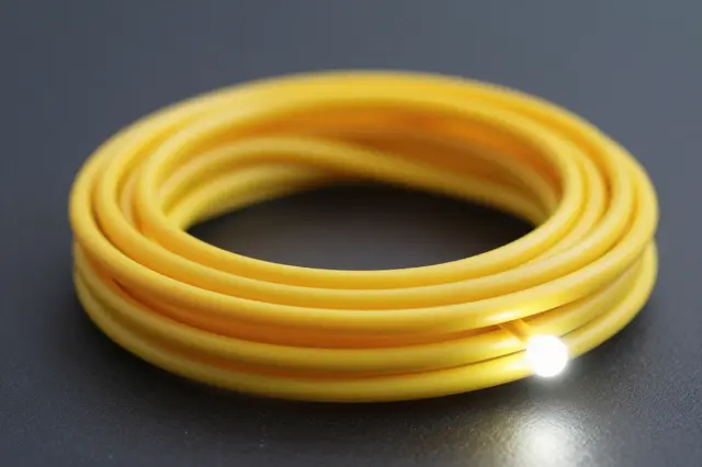A neatly coiled yellow fiber optic cable rests on a dark smooth surface with one tip glowing bright white.