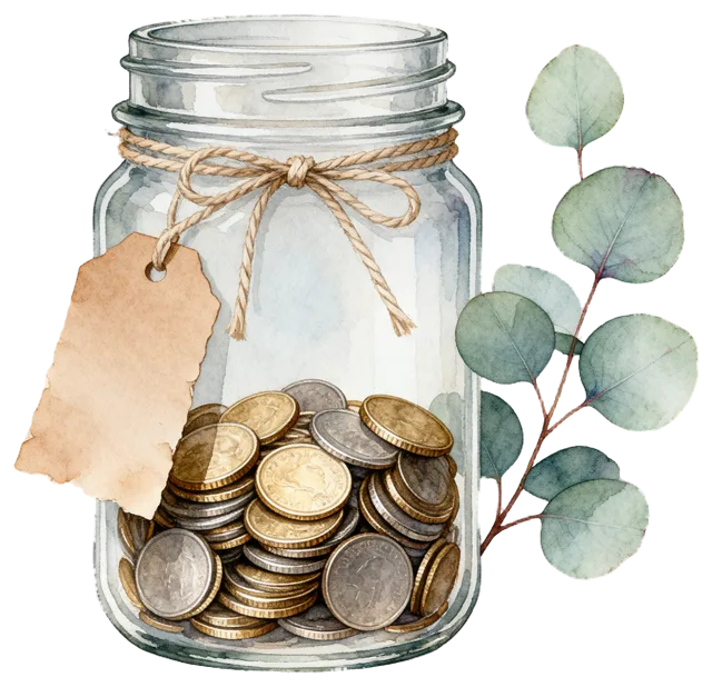 Watercolor illustration of a glass coin jar with a tag and eucalyptus sprig beside it