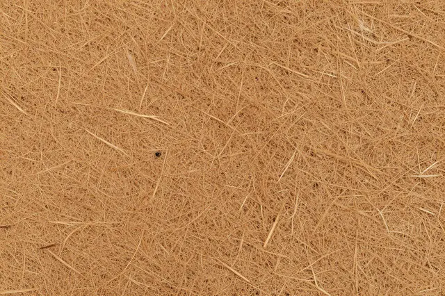Full frame close-up of dense, coarse brown coir fiber mat with flat even lighting