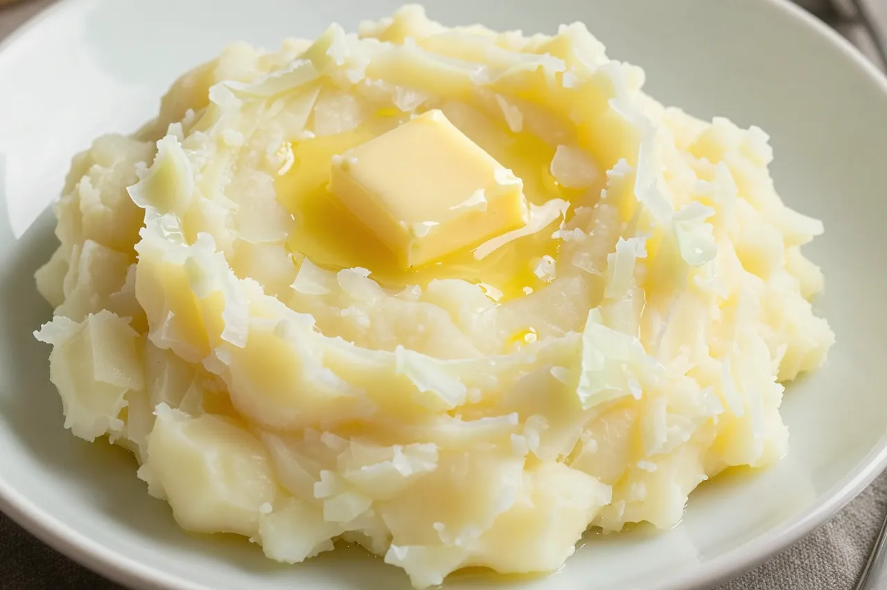 A close-up view of colcannon mashed potatoes topped with a melting pat of butter on a pale plate