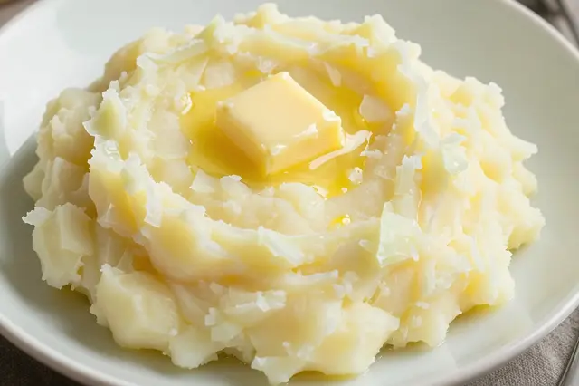 A close-up view of colcannon mashed potatoes topped with a melting pat of butter on a pale plate