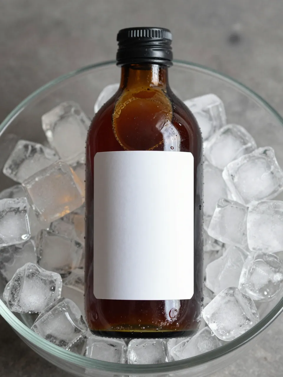 Blank amber glass cold brew bottle resting in a glass bowl of ice cubes on a gray countertop