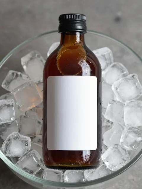 Blank amber glass cold brew bottle resting in a glass bowl of ice cubes on a gray countertop