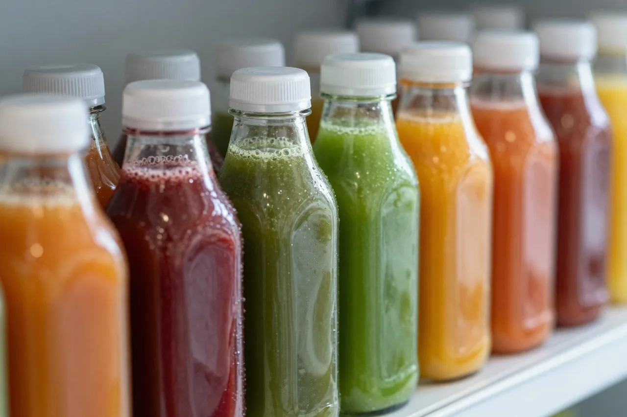 A row of unlabeled glass cold-pressed juice bottles with varied colored liquids lined on a white shelf