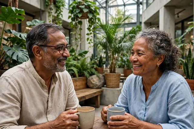 Two senior colleagues hold mugs and smile at each other in a plant-filled office atrium.