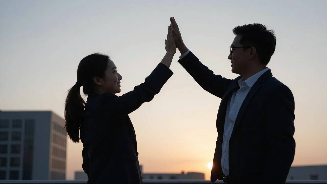 Two business colleagues high fiving together on an office rooftop at sunset