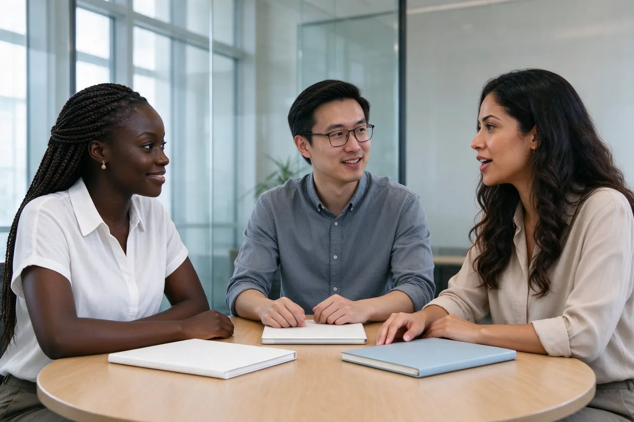 Three diverse colleagues sit around a round office table talking above closed notebooks.