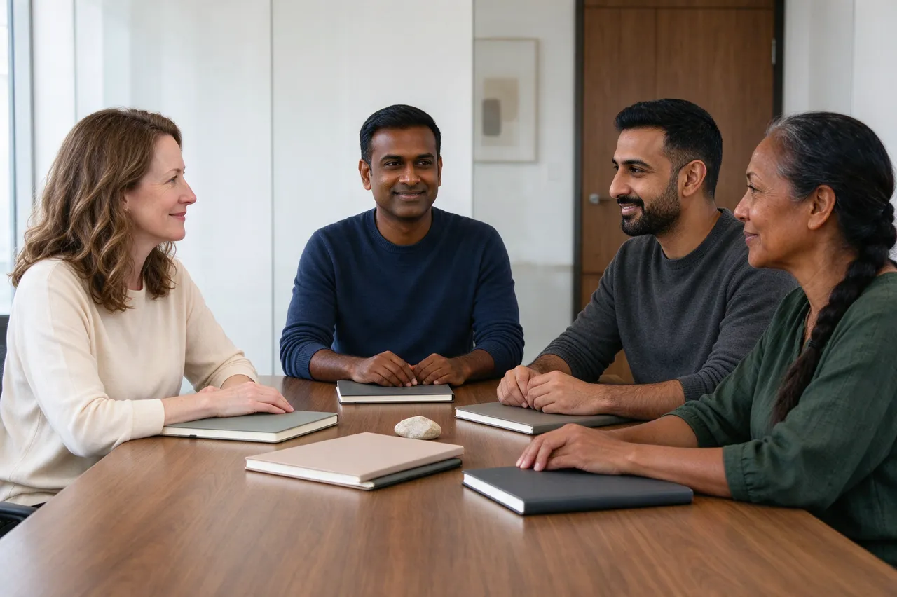 Four diverse mid adult colleagues sit around an oak conference table with closed notebooks during a friendly discussion