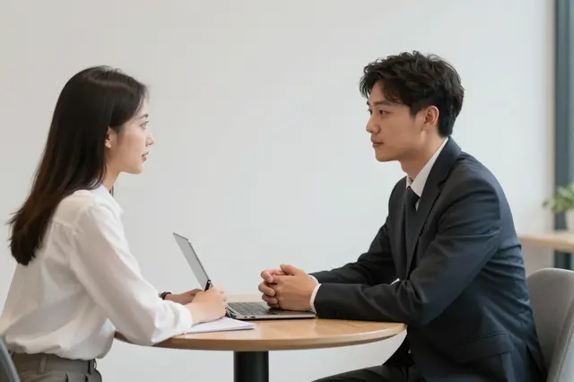 Two business colleagues sit across a small round table facing each other during a meeting.