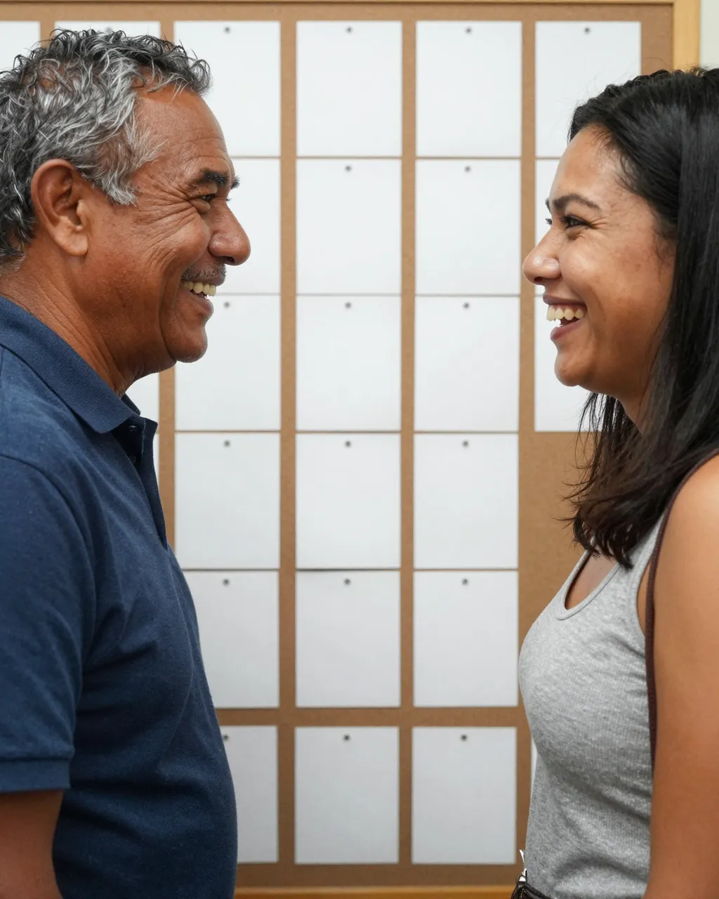 Two smiling adult people face each other laughing in front of a bulletin board with blank paper cards.