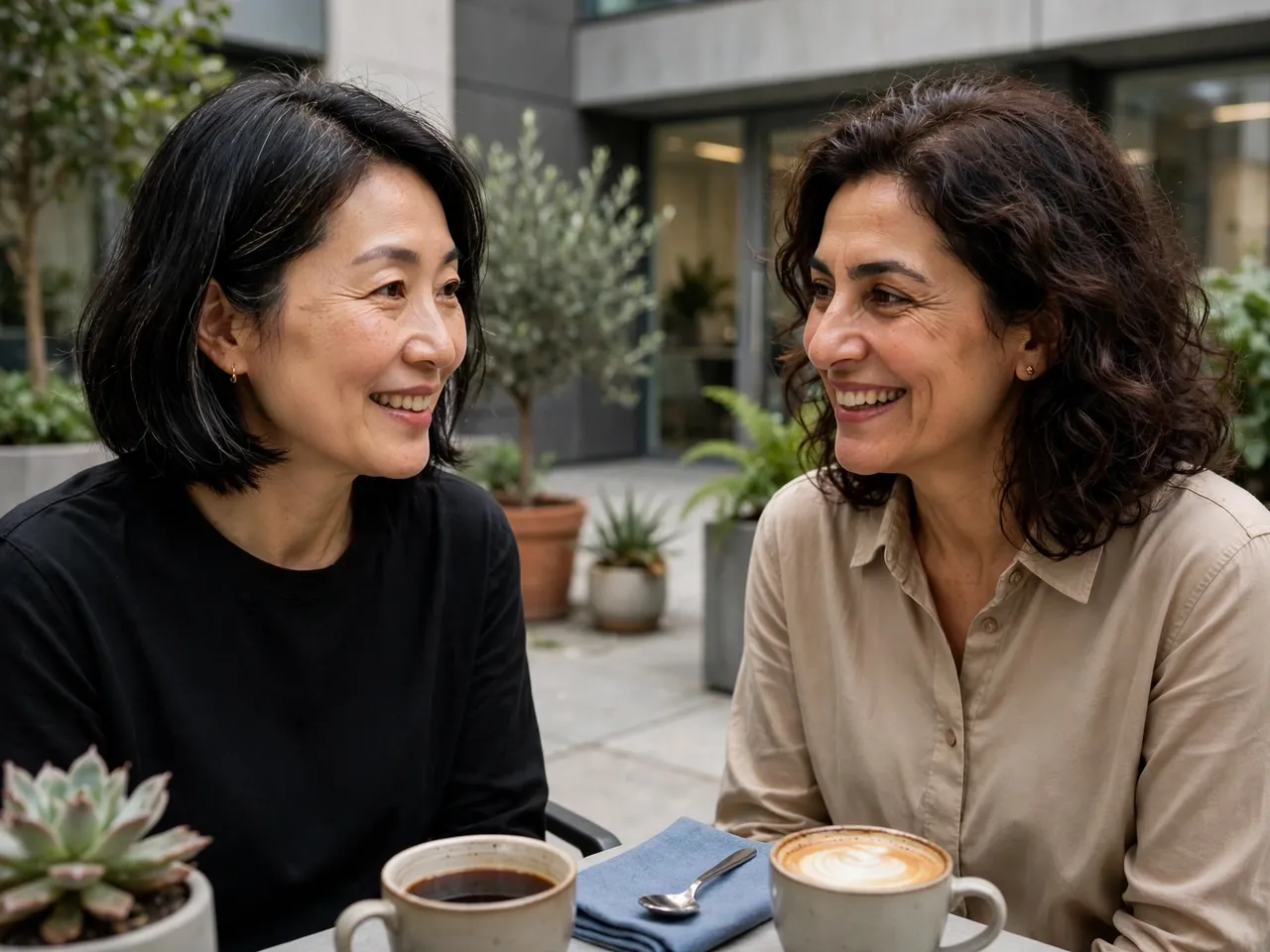 Two smiling middle-aged women converse over coffee at an office courtyard table