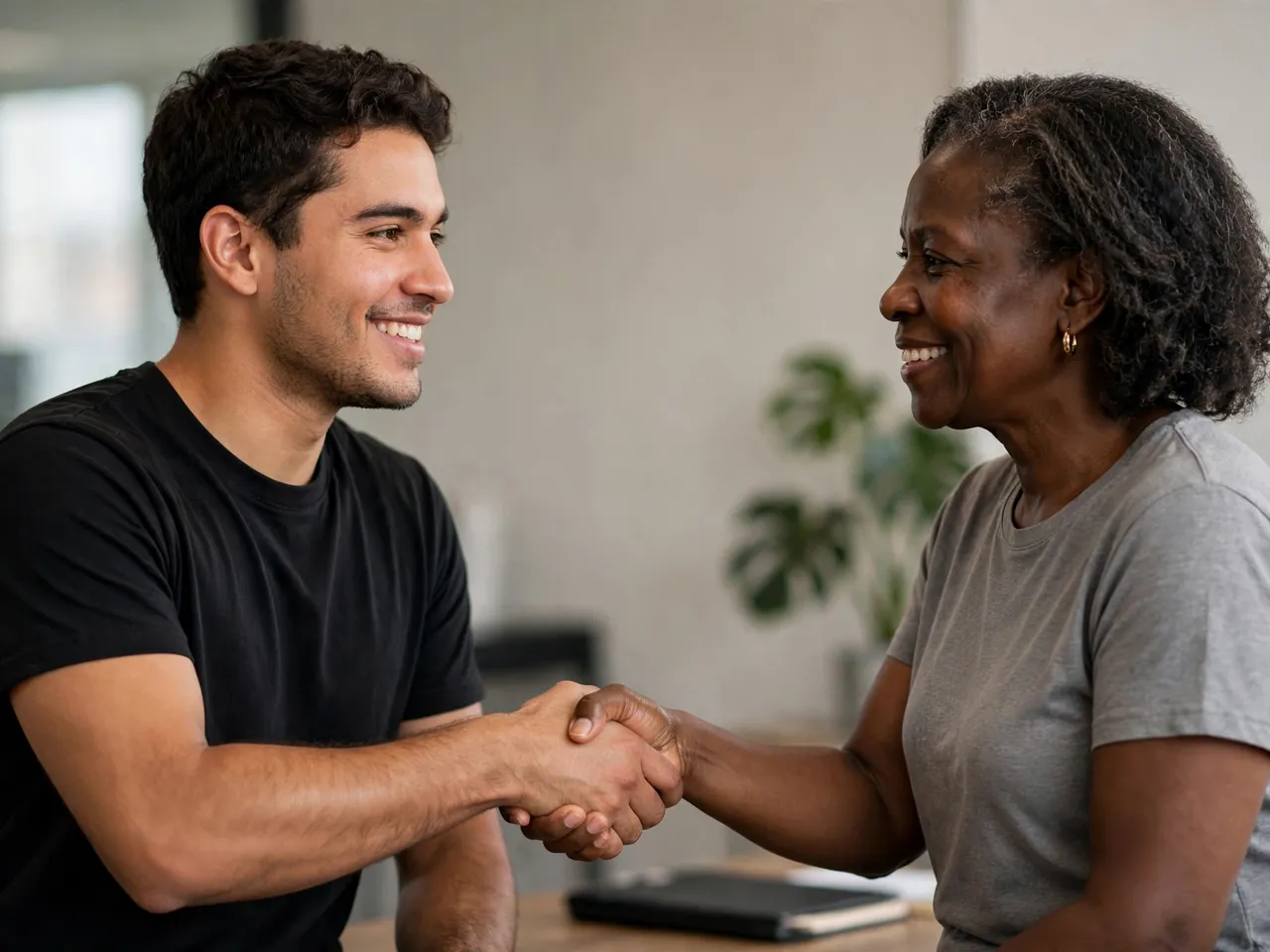 Smiling young Latino man and older Black woman shake hands across a desk in a bright office setting