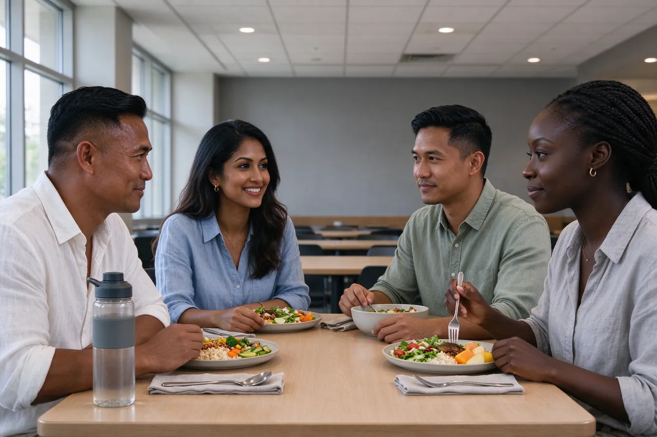 Four diverse adult colleagues sit together eating lunch and conversing at an office cafeteria table.
