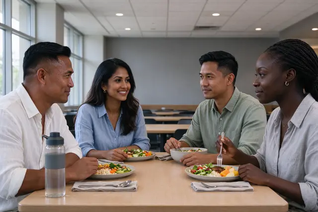 Four diverse adult colleagues sit together eating lunch and conversing at an office cafeteria table.