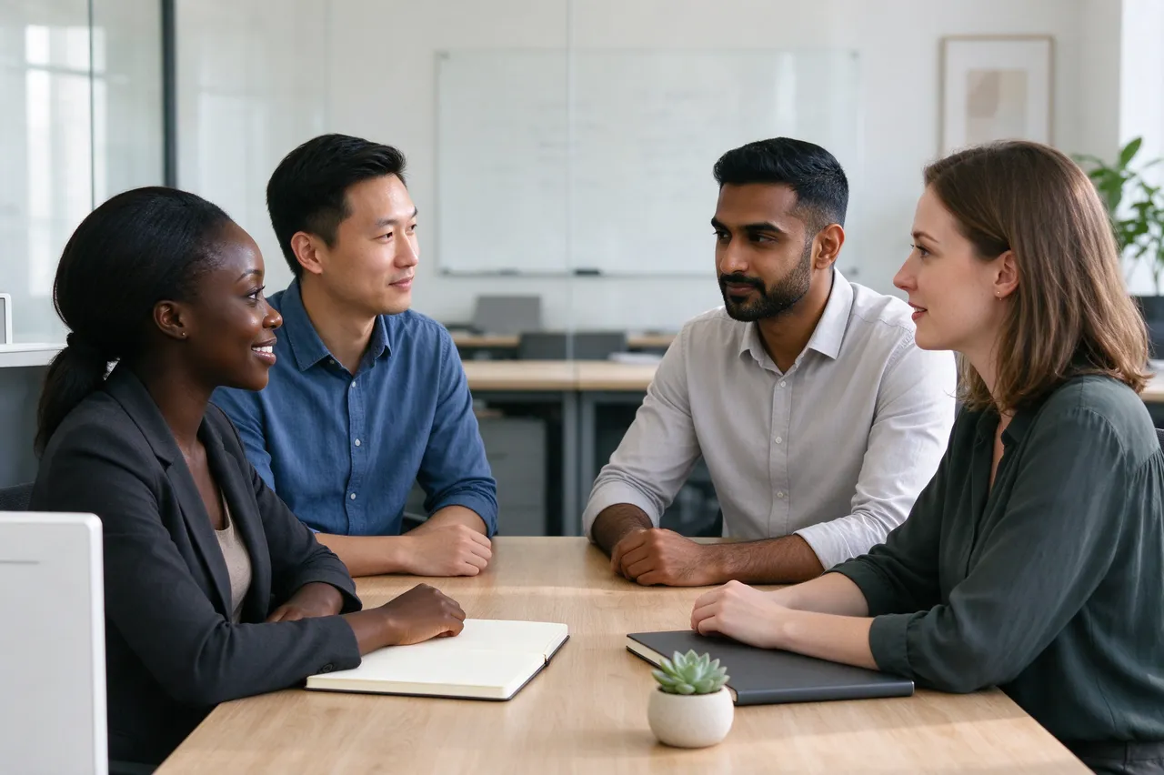 Four diverse adult colleagues sit around a wooden conference table conversing in a bright modern office.