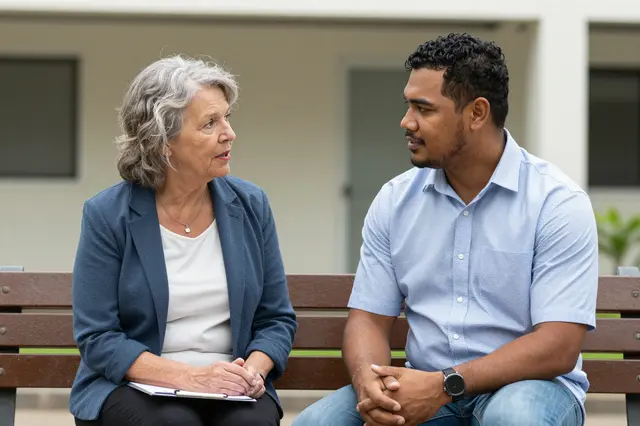 An older woman and a younger man sit on an outdoor office bench conversing with one another
