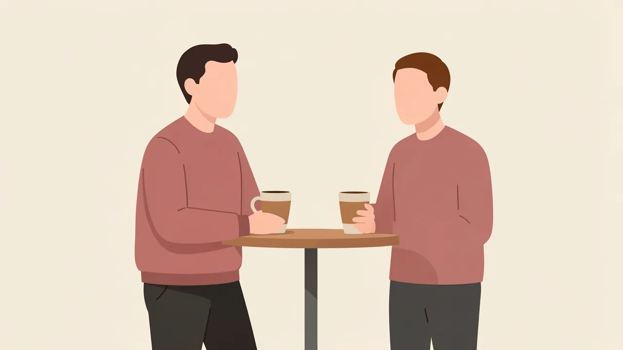 Two faceless colleagues stand at a small high table holding coffee cups as they converse.