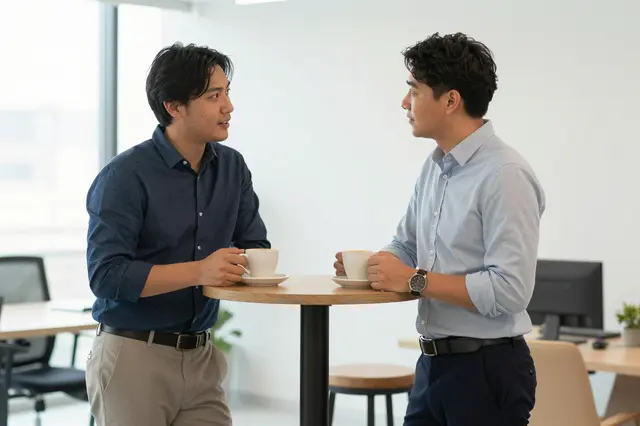 Two male colleagues stand at a small round standing table talking while holding coffee cups in a bright modern office