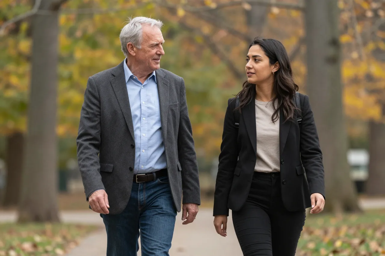 Two business colleagues converse while walking along a paved park path in autumn