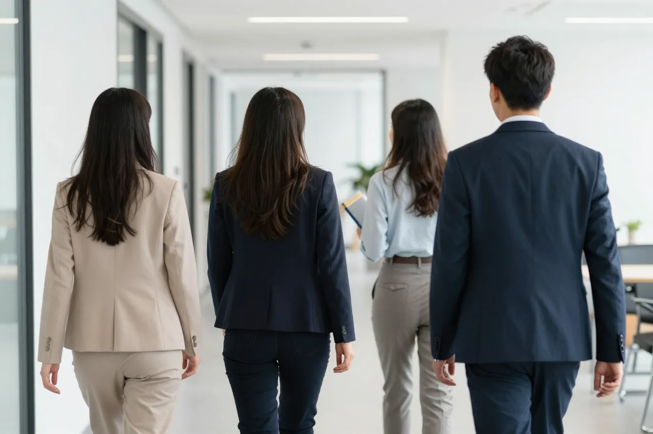 Four business colleagues viewed from behind walk together along a bright modern office corridor.