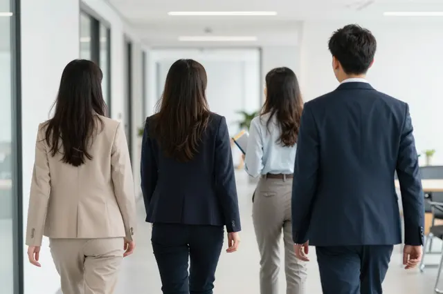 Four business colleagues viewed from behind walk together along a bright modern office corridor.