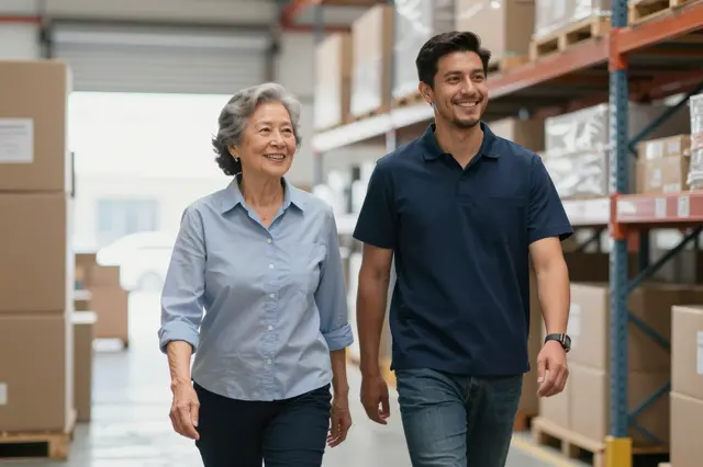A senior East Asian woman and a younger Latino man smile while walking side by side through a sunlit storage warehouse.
