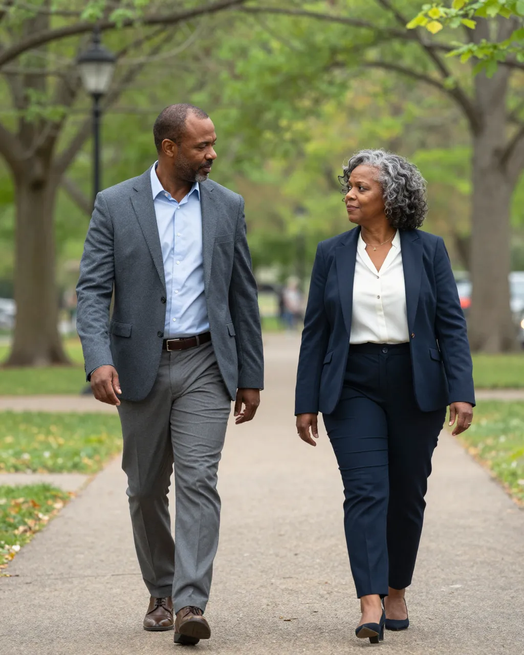 Two business colleagues walk and converse along a paved tree-lined park path during the daytime