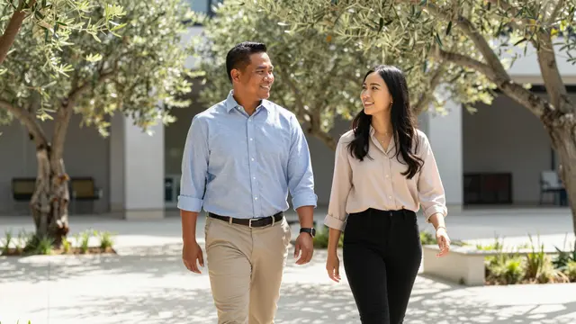 Two smiling business colleagues converse while walking through a sunlit office courtyard lined with olive trees
