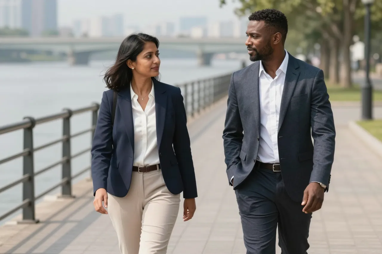 Two business colleagues converse while walking along a paved riverside city path