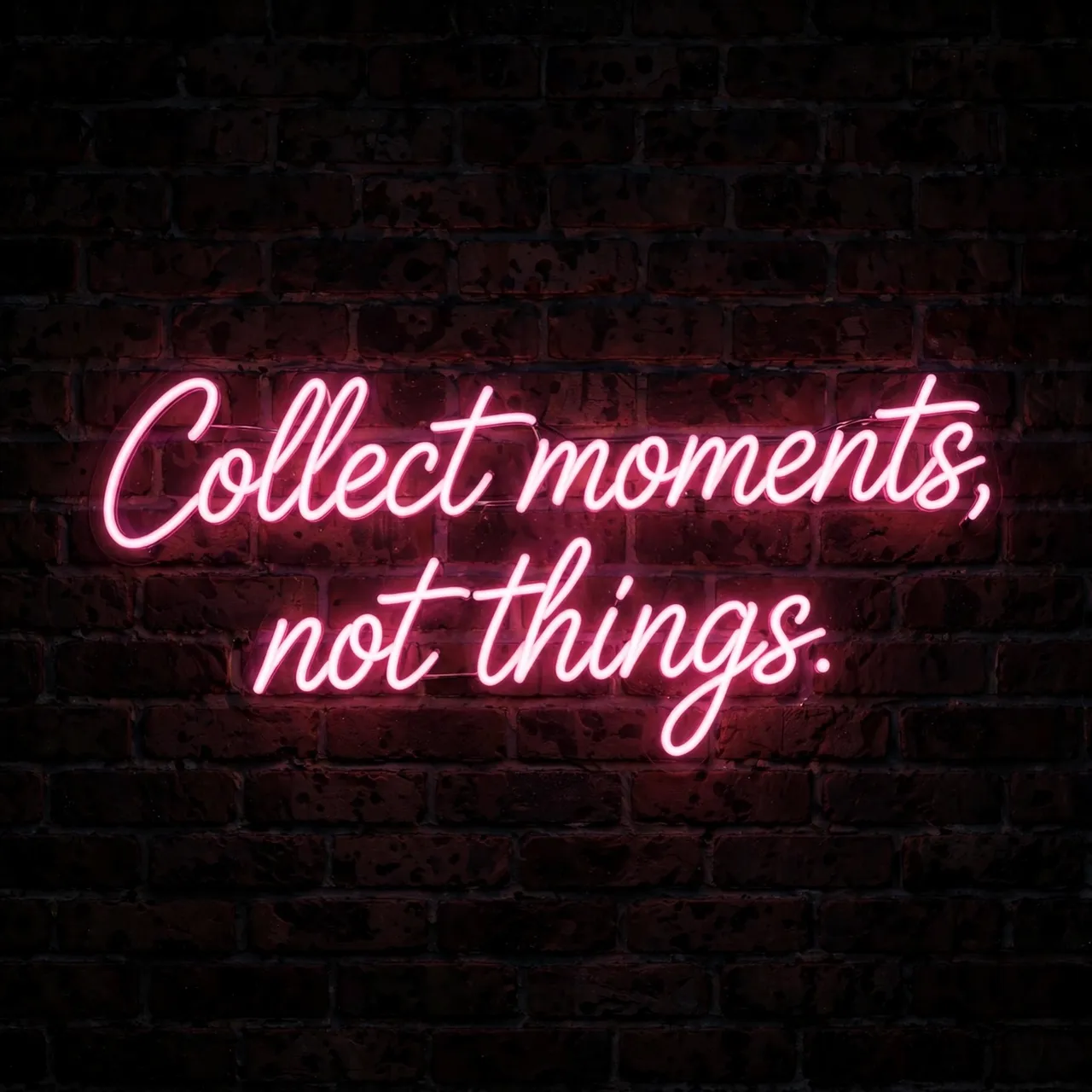Pink neon script sign reading "Collect moments, not things." glows on a dark brick wall at night