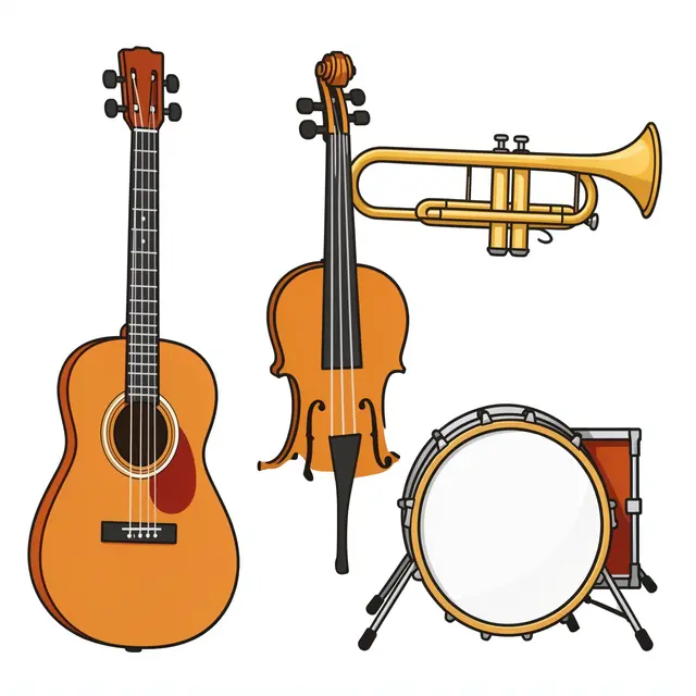 Flat illustration of an acoustic guitar, violin, trumpet, and snare drum arranged on a plain white background