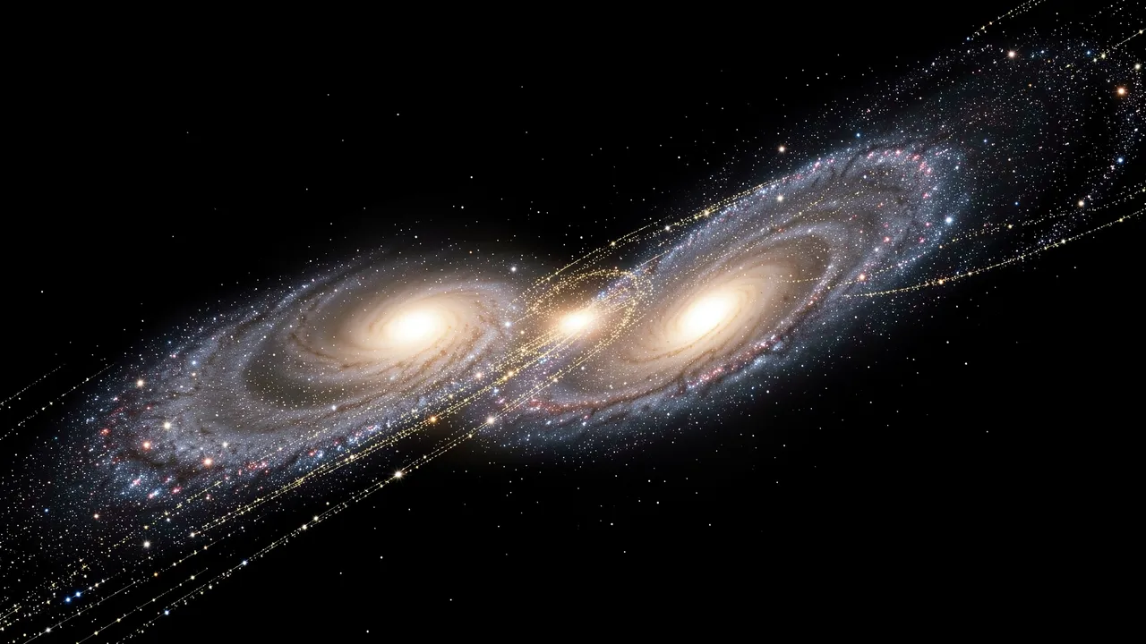 Two spiral galaxies are colliding, with glowing star streams stretching across dark deep space