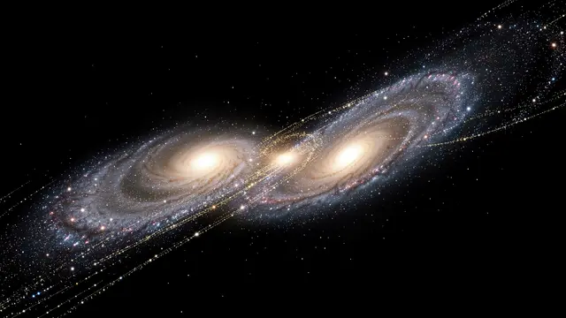 Two spiral galaxies are colliding, with glowing star streams stretching across dark deep space