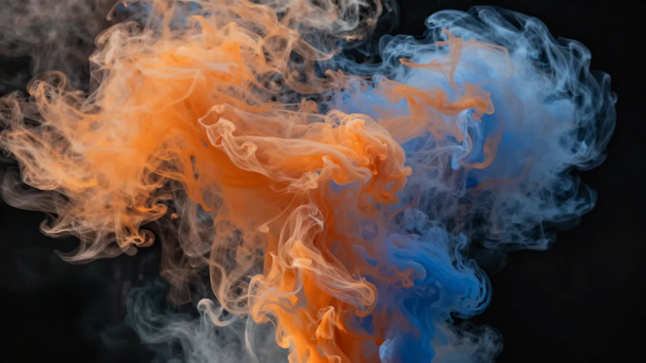 Vibrant orange and blue swirling smoke plumes mix against a solid black backdrop