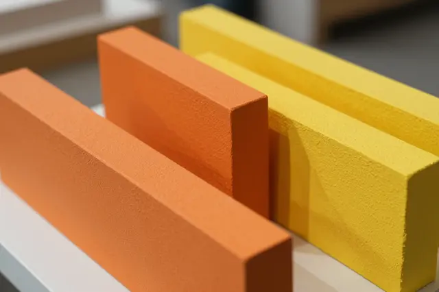Row of alternating orange and yellow textured rectangular blocks on a light display surface with soft cast shadows